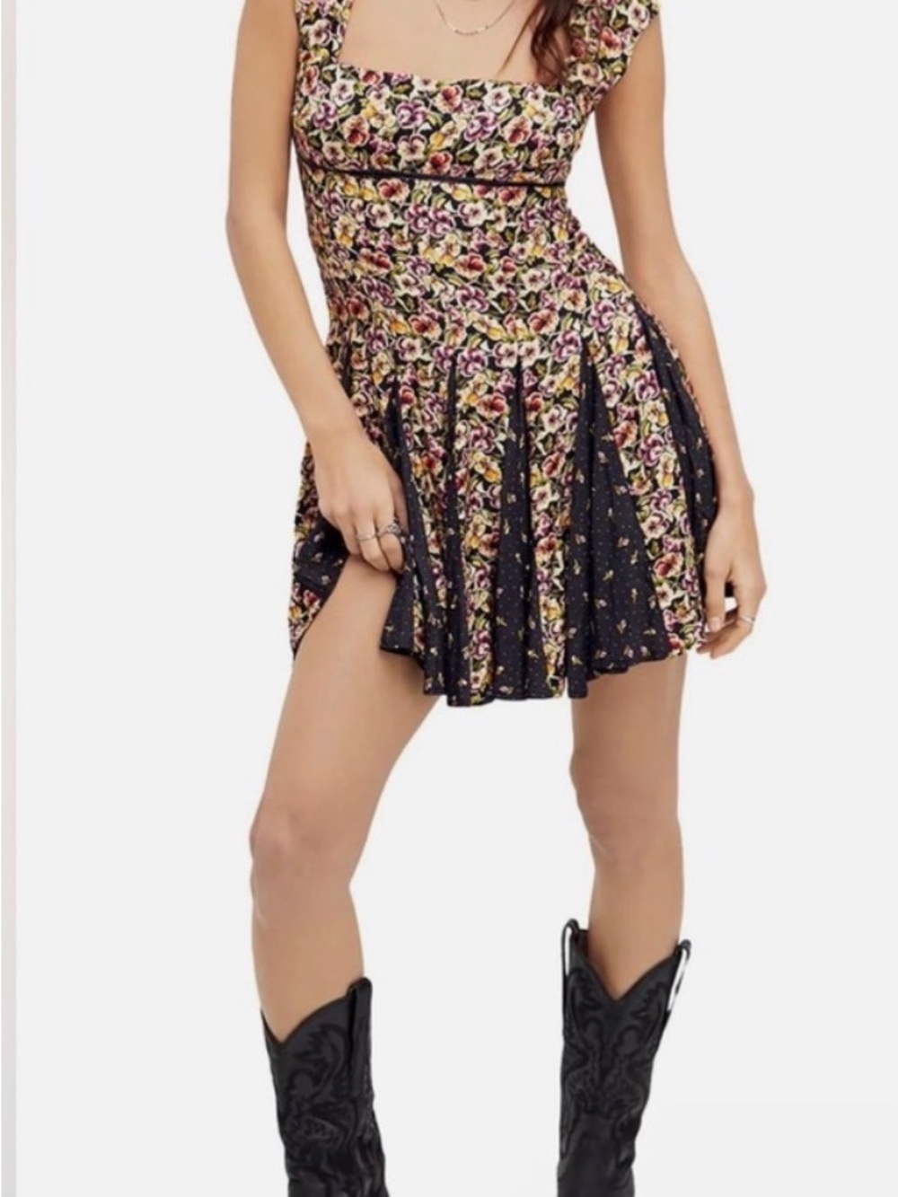 Free People Ponderosa Floral Mini Lace Up Dress Western Peasant HTF Large flare